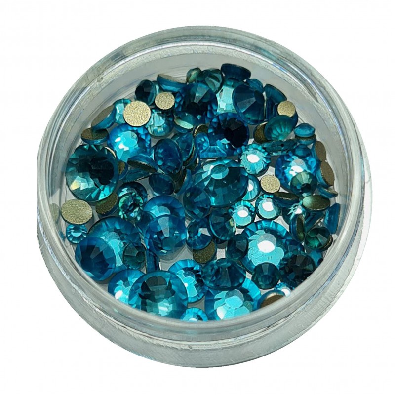 Блакитно-бірюзові стрази для манікюру різного розміру, 100шт
